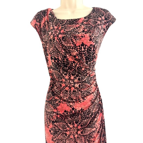 Dressbarn Coral Black Medallion Print Draped Ruched Sheath Dress Size 14 Summer - Picture 2 of 7